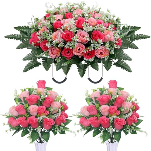 LOSFOTBO 3pcs Headstone Flowers Saddle for Tombstone,Cemetery Flower Memorial Bouquet with Vase,Rose Headstone Flowers Saddle (Pink)