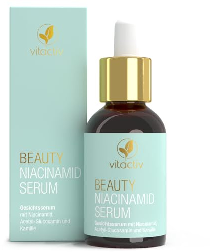 Vitactiv BEAUTY NIACINAMID SERUM - 30ml Gesichtsserum, 2% Niacinamide - Hautpflege unreine Haut, Poren verkleinern - Mit Kamille, Wassernabel, Süßholzwurzel, Acetyl Glucosamin - Vegan, Parfümfrei