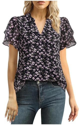 Chemise à Manches Courtes Femme Imprimé Fleuri Chemisier Chic et Élégant T-Shirts en Mousseline De Soie Grande Taille Col V Blouse Décontracté Tunique Baggy Tops Doux et Confortables