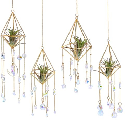 OLYCRAFT 4 Styles Porte-Plantes aériens Supports géométriques métalliques dorés Style Rustique avec Pendentif Cristal et chaîne Idée décoration Murale Originale Cadeau décoration d'intérieur