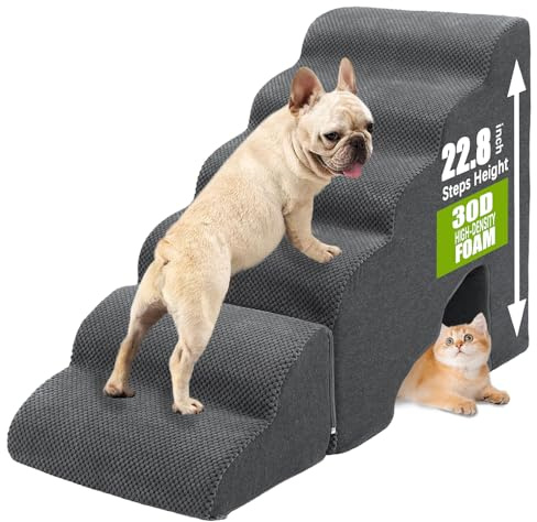 Escaliers et marches pour lits hauts jusqu'à 63,5 cm, rampe à 5 marches pour chiens de petite et moyenne taille avec housse lavable, marches antidérapantes pour chats sur le canapé et le canapé