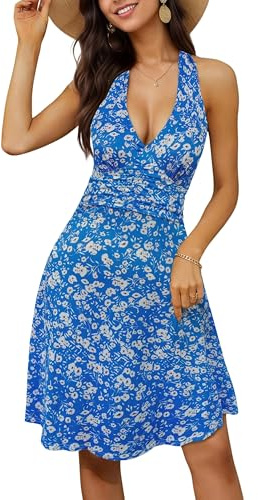 Timuspo Robe d'été pour femme - Longueur genou - Col en V - Dos nu - Robe midi à volants - Robe florale sans manches - Robe d'été - Robe de fête bohème avec 2 poches