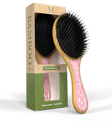 MOONIE'S Cepillo para el pelo de bambú 100%, cepillo redondo con pelo de nailon y jabalí, cepillo de bambú de primera calidad, para desenredar el pelo largo, cepillo de madera para hombres, mujeres y