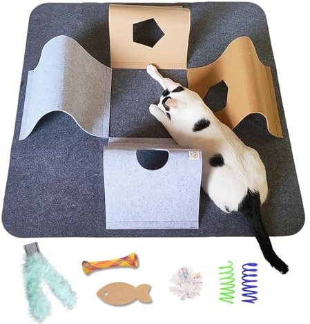 Cat Toys Tunnel for Indoor Cats,4-Way Felt Cat Tunnel Play Mat with Feathers & Bell 6 Pcs Interactive Cats Enrichment Toys Set Foldable Kittens Cave Hideout for Pet Hide & Seek