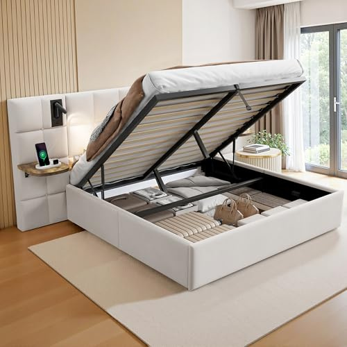 LUXOAK Polsterbett mit Stauraum 140x200cm, Gasdruckfeder, Beige