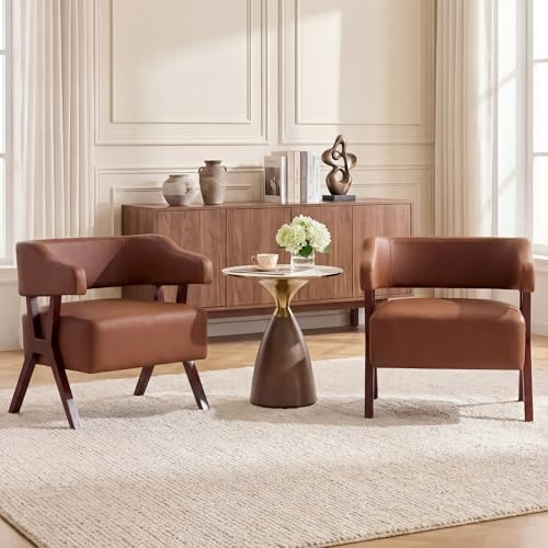 STHOUYN Leather Accent Chairs, Barrel Chair with Solid Wood Frame, Mid-Century Modern Wooden Armchair with Wraparound Back, Comfy Office Reading Chair for Living Room, Bedroom (2, Brown)