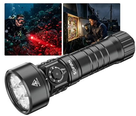 Sofirn SD11 Lampada Subacquea 5000LM CRI 90 Torcia Ricaricabile con Luce Rossa 660NM 3000K-6500K USB-C, IPX8 con filettatura 1/4 e passante di sicurezza, per fotografia subacquea, pesca