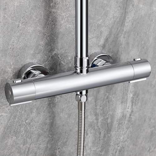 Auralum Grifo Termostático de Ducha, Mezclador de Pared, Cuerpo Frío Antiquemaduras con Botón 38°C, Doble Salida G1/2'', Adaptador G3/4'', Centros Ajustables 135-165mm, para Columna de Ducha, Cromado