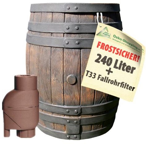REGENTONNE EICHENFASS 240L m. REGENSAMMLER T33, das REGENFASS m. REGENFILTER zur AUTOMATIK-BEFÜLLUNG, fühlbare Holzstruktur in sehr schönem Holz-Design, täuschend-echte Holzstruktur