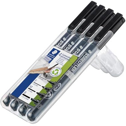 STAEDTLER permanenter Universalstift Lumocolor, wisch- und wasserfest, für fast alle Oberflächen, sekundenschnell trocken, nachfüllbar, 4 schwarze Marker in sortierten Linienbreiten, 31-9WP4GS