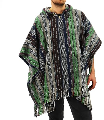 LOUDelephant Poncho mit Kapuze aus 100 % gewebter Baumwolle, mexikanischer Stil, Grün, Braun und Marineblau, Einheitsgröße