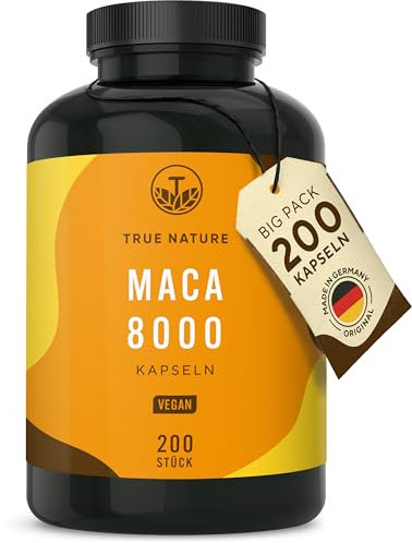 Maca Kapseln Gold 20:1 hochdosiert - 8000 mg PRO Kapsel (200 Stück) Premium Maca Extrakt - Vegan, Deutsche Produktion - TRUE NATURE®