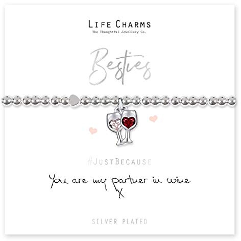 Life Charms Silver Bracelet - 'Partners in Wine' - Gorgeous Wine Glass Charms on a Stretch Beaded Band