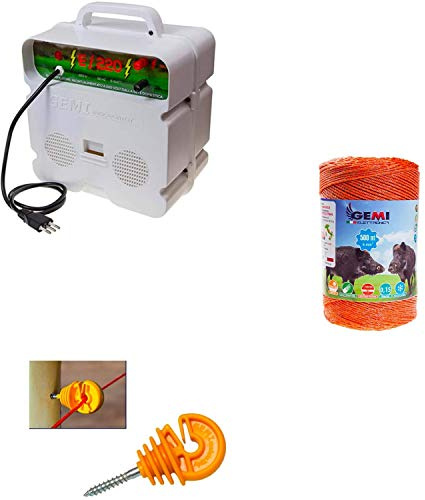 Pastor Eléctrico Cercas Eléctrica: 1 Electrificadores 220V + 1 hilo canductores 500 mt 6 mm² + 100 Aisladores para postes de Madera - Cerca Valla Eléctrica para jabalí vacas caballos zorros