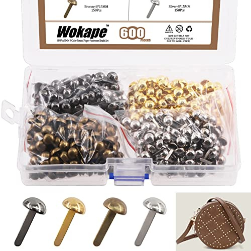 Wokape Attaches parisiennes rondes (couleurs mélangées - 8mm) - 600 pièces 4 couleurs 8 x 15mm tête champignon attaches parisiennes rondes en métal kit d'assortiment, attaches décoratives pour école