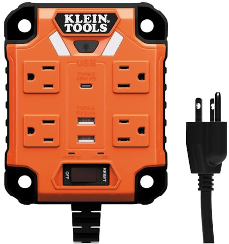 Klein Tools 29601 Magnetic Power Strip with Surge Protector, Extension Cord, 4 Outlets, 3 USB Ports, 5-Foot Cord, Power Supply Box with Light, PowerBox 1, Heavy Duty