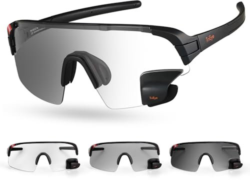 TriEye Fahrradbrille Herren & Damen mit Rückspiegel – Selbsttönende Radbrille UV400 – Winddichte Sportbrille für Rennrad & MTB – Fahrrad Brillen Herren Damen mit Spiegel (Schwarz)