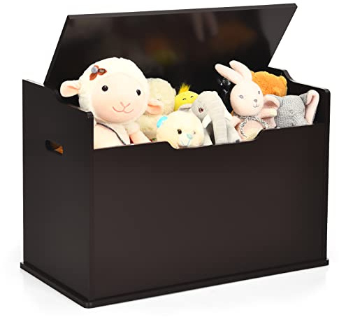 Costzon Modern Espresso Wooden Toy Chest with Bench Seat, Toy Storage Trunk Case, Finger-Pinch Prevention, Lift-Top Foot Rest Seat for Toddler Bedroom Playroom Entry