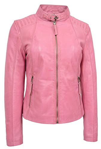 Chaqueta de cuero suave para mujer, color rosa bebé, casual, ajustado, estilo motociclista, estilo Jadie, rosa pastel, 42