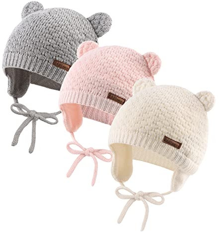 XIAOHAWANG Baby Wintermütze Jungen Mädchen Warmer Strickmützen Weicht Baumwolle-Futter mit Süße Bärenohren Winter Babymütze(Weiß+Rosa+Grau, S)