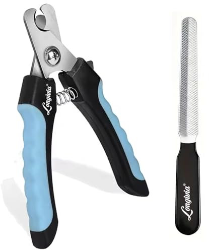 Longivia® Professioneller Krallenschere für Hunde und Katzen 15,5 cm aus Edelstahl mit Nagelfeile- Krallenzange Hohe Qualität - Krallenschneider Große & Kleine Hund mit Sicherheitsschutz Schwarz-Blau
