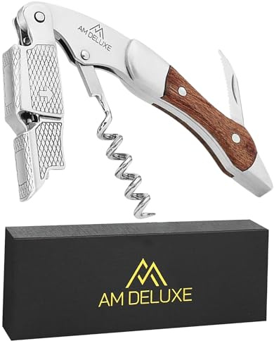 AM DELUXE Waiters Corkscrew Wine Opener - Double-Hinged Fulcrum 3-In-1 Cork Screw Wine Bottle Opener Heavy Duty Stainless Steel & Classic Rosewood. Serrated Foil Cutter. Beer Opener. Magnetic Gift Box