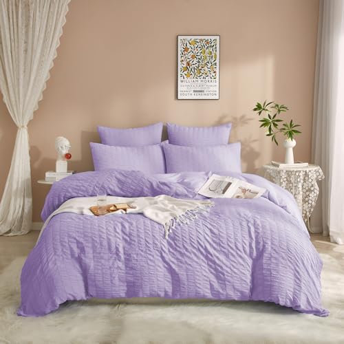 Luowei Seersucker Bettwäsche 135x200cm Sommer Streifen Strukturiert Bettbezug 2teilig mit Kissenbezug 80x80 cm Leicht Weich Atmungsaktiv Oeko-TEX Bettwäsche-Sets Lila mit Reißverschluss