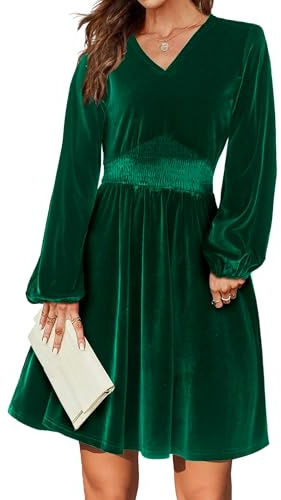 Zeagoo Abito da Donna Abito in Velluto Elegante Abito da Cocktail Abito da Festa Vintage Scollo A V Abito da Sera A Maniche Lunghe Abito da Festa Verde Scuro M