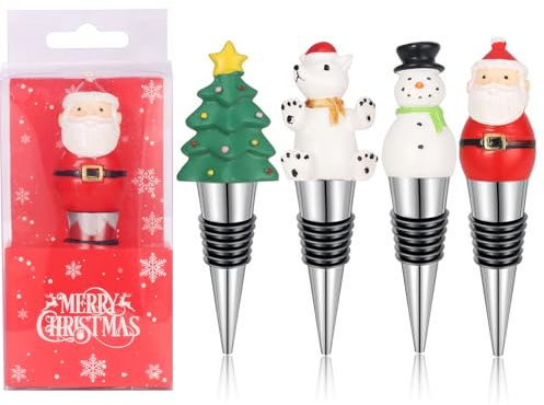 Set di tappi per bottiglia natalizio da 4 - Tappi per vino in metallo riutilizzabili, decorativi per Natale, tappi per vino e bevande per decorazioni regalo di Natale (Multicolore A)