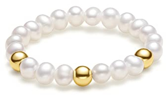 ZHOU LIU FU 18K Gold Freshwater Pearl Beads Ring 750 Gold Stretch Rings Adjustable for Women Wife Bridesmaid Mum Anniversary Birthday Gift