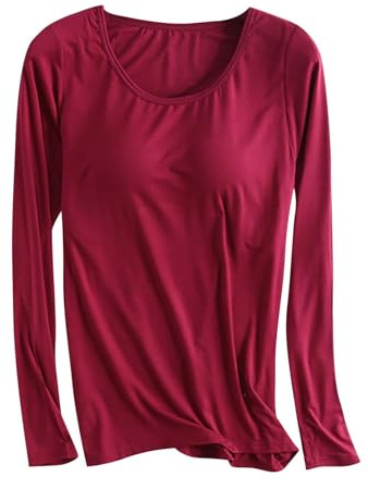 Camisas de manga larga con brasier integrado modal para mujer, con relleno, para entrenamiento, pijama, suave, para el otoño, Vino, M