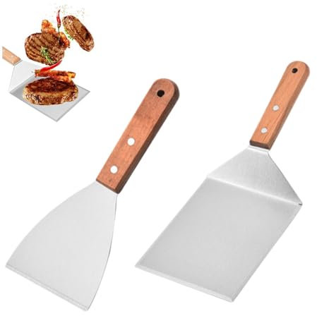 Granmagazz Spatola da grill professionale, 2Pcs Spatola per barbecue in acciaio inox spatola paletta cucina spatola con manici in legno per pressa per hamburger, teppanyaki, barbecue, bistecca, pizza