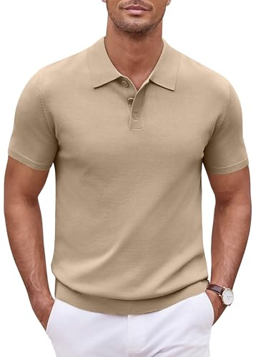 COOFANDY Men's Polo Short Sleeve Knitted Shirts Casual Summer Golf Solid Color Polo Shirts for Men Khaki M
