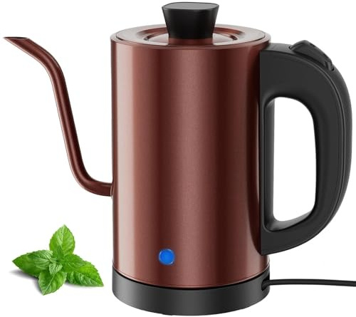 Gooseneck Electric Kettle 0.8L, 304 Stainless Steel (BPA-Free), 600W Fast Heating, Compact Copper Design with One-Touch Button & Auto Shut-Off, Perfect for Home, Office & Coffee/Tea Lovers