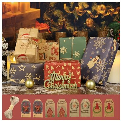 Papel de Regalo Navidad 6 Hojas de Papel Kraft Reciclado con Cinta y Etiquetas Set de Regalo Navideño Elegante para Mujeres Hombres Niñas y Niños