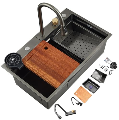 WIQUYBML Évier de Cuisine avec Robinet Cascade Arc-en-Ciel et Barre Lave-Tasses, kit d'évier de Style Ferme en Acier Inoxydable, Facile à Nettoyer (Dimensions : 68 x 46 cm)