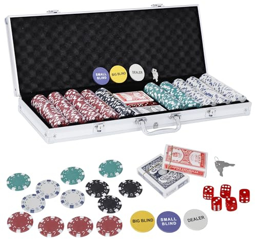 JungleA Poker Chip Set 500PCS, Texas Holdem Poker Set with Aluminum Case, 11.5 Gram Casino Chips Portable Multi-Purpose Gambling Game Set for Parties, Blackjack, Poker Nights