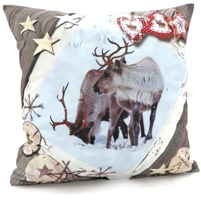 heimtexland ® Weihnachten Dekoration Kissenhülle Deko-Kissen Weihnachtskissen Chalet Holz-Rahmen Rentiere 40x40 Typ652
