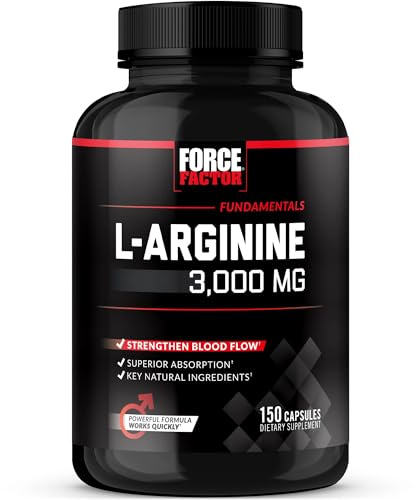 Force Factor L-Arginine Nitric Oxide Supplement with BioPerine to Help Build Muscle and Support Stronger Blood Flow, Circulation, Nutrient Delivery, and Pumps, L-Arginine 3000mg, 3g, 150 Capsules