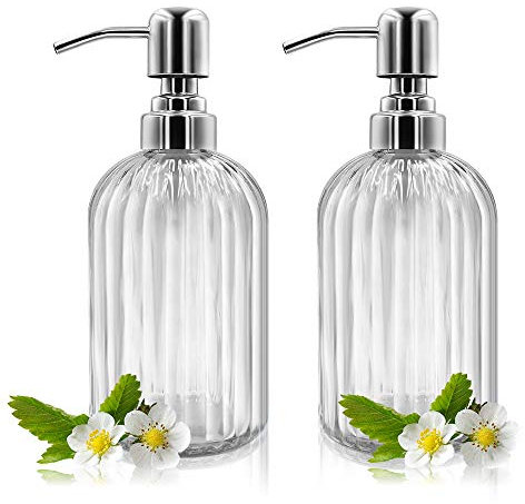 Soap Dispenser - 2 Pack 14 Oz Glass Soap Dispenser with Rust Proof Stainless Steel Pump, Refillable Liquid Bottle Dispenser, Premium Hand Jar Dispenser for Bathroom, Kitchen, Countertop (Clear)