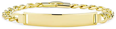 Bling Jewelry Personalizada Grabable Hombres Nombre Sólido Bar Chapado Identificación Pulsera Para Hombres Niños Cubano Curb Cadena Enlace 18K Chapado En Oro Amarillo 8Inch
