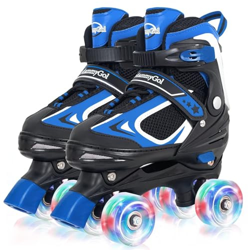 MammyGol Roller Skates for Boys Girls, 4 Sizes Adjustable Quad Skates for Kids with All Light up Wheels, Full Protection for Toddler's Indoor and Outdoor Play Blue Size 10C 11C 12C 13C