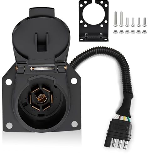 4 Way Flat to 7 Way Round Blade Trailer Adapter Wiring Harness 4 Pin to 7 Pin Electrical Connect Wiring Plug Connector with Mounting Bracket (4Way to 7Way Trailer Adapter)