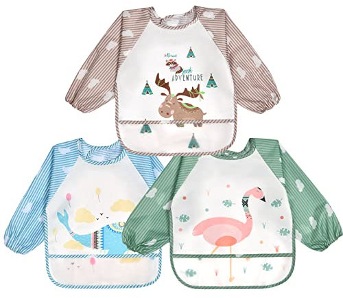 Vicloon Baby Lätzchen mit Lange Ärmeln,3PCS Ärmellätzchen Wasserdicht,Süßer Tierstil Baby Bibs Set für Essen Kunst Handwerk Malerei Bemalen Spielen für 6-24 Monaten