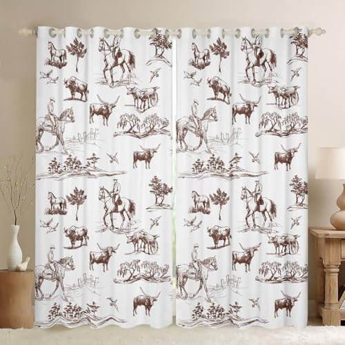 Western Cowboy Curtains for Kids Boys Girls Wild Horse Cow Animals Window Curtain Sketch Brown White Southwest Tribal Window Treatment Curtain Rustic Farmhouse Window Drapes,Top 2 Panel,42Wx63L