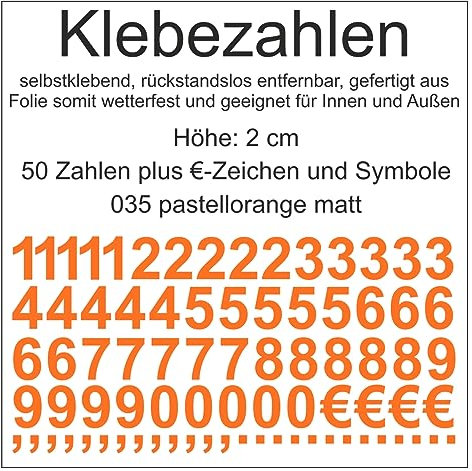 Aufkleber Sticker Klebezahlen Klebezahl Zahlen Zahl Nummern aus Folie 50 Zahlen orange pastellorange matt Höhe 2 cm selbstklebend wetterfest Nummerierung Preisauszeichnung Beschriftung Modellbau