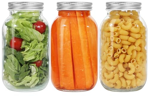 LIMILI Glass Jars with Lids, 3 Pack 1000ml/ 32 oz Multipurpose Mason Jars with Lids, Food Storage for Overnight Oats, Pickling, Canning, Preserving, Meal Prep
