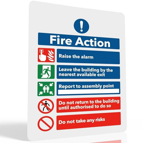 Essential Fire Action Notice Sign, 200 x 150mm Safety Signs with Clear Alarm Guidelines, Matte Self-adhesive Vinyl Sticker, Fire Evacuation Procedure (Single Pack)