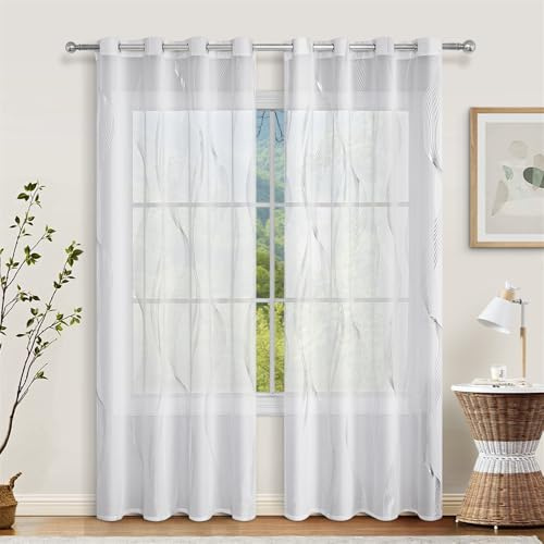 Surwin Translucidas Cortinas Salon, Color Sólido 2 Piezas Cortina con Ojales, Cocina Dormitorio Cortinas y Moderno Visillos Visillos Cortos para Ventanas (132x213cm,Blanco)