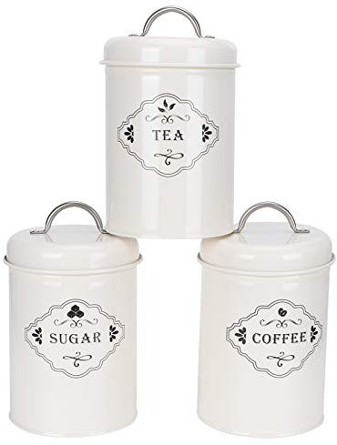 Uppsättning Av 3 Krämiga Vita Metallkök Förvaringsbanningar Te Kapsel Sockerburk Kaffeburk för Kaffesocker Te Gjord Av Högkvalitativt Järn med Förseglad Design